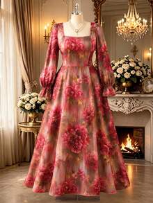 Rometta Plus Size Women's French Vintage Elegant Party Banquet Court Style Pink Floral Print Square Neck Long Sleeve Midi Dress, Suitable For Dating, Formal Occasions, Gatherings, Parties, Women's Long Dress, Autumn/Winter Dress, Halloween/Christmas Dress, Summer/Autumn - Red - View 4