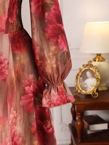 Rometta Plus Size Women's French Vintage Elegant Party Banquet Court Style Pink Floral Print Square Neck Long Sleeve Midi Dress, Suitable For Dating, Formal Occasions, Gatherings, Parties, Women's Long Dress, Autumn/Winter Dress, Halloween/Christmas Dress, Summer/Autumn - Red - View 5