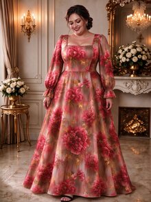 Rometta Plus Size Women's French Vintage Elegant Party Banquet Court Style Pink Floral Print Square Neck Long Sleeve Midi Dress, Suitable For Dating, Formal Occasions, Gatherings, Parties, Women's Long Dress, Autumn/Winter Dress, Halloween/Christmas Dress, Summer/Autumn - Red - View 3
