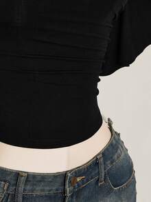 SHEIN ICON Y2K Sexy Women's Black Solid Color Asymmetrical Shoulder Ruffle Short Sleeve Top - Black - View 10