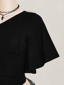 SHEIN ICON Y2K Sexy Women's Black Solid Color Asymmetrical Shoulder Ruffle Short Sleeve Top - Black - View 5