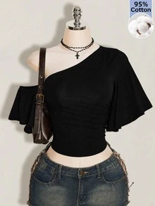 SHEIN ICON Y2K Sexy Women's Black Solid Color Asymmetrical Shoulder Ruffle Short Sleeve Top - Black - View 1