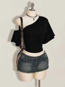 SHEIN ICON Y2K Sexy Women's Black Solid Color Asymmetrical Shoulder Ruffle Short Sleeve Top - Black - View 7