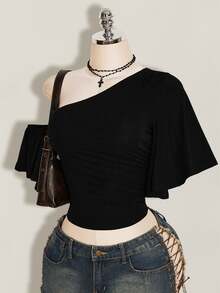 SHEIN ICON Y2K Sexy Women's Black Solid Color Asymmetrical Shoulder Ruffle Short Sleeve Top - Black - View 4