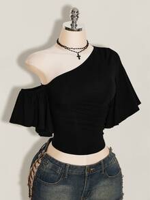 SHEIN ICON Y2K Sexy Women's Black Solid Color Asymmetrical Shoulder Ruffle Short Sleeve Top - Black - View 8