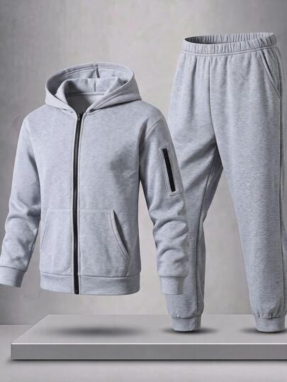 SHEIN 2pcs Kids Tween Boy Grey Hooded Sweatshirt & Grey Long Autumn Pants Casual Sports Loose Two Pieces Set For Outdoor Sports And School