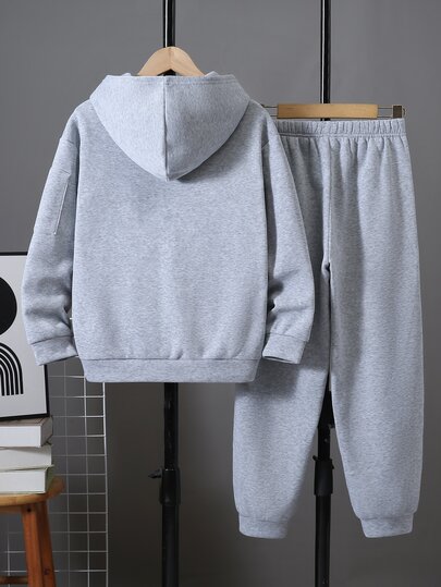 SHEIN 2pcs Kids Tween Boy Grey Hooded Sweatshirt & Grey Long Autumn Pants Casual Sports Loose Two Pieces Set For Outdoor Sports And School