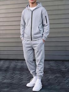 SHEIN 2件組兒童青少年男孩灰色連帽衛衣與灰色長款秋季褲子休閒運動寬鬆兩件套，適合戶外運動與學校穿著 - 灰色 - 查看 5