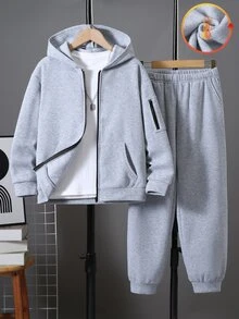 SHEIN 2件組兒童青少年男孩灰色連帽衛衣與灰色長款秋季褲子休閒運動寬鬆兩件套，適合戶外運動與學校穿著 - 灰色 - 查看 3