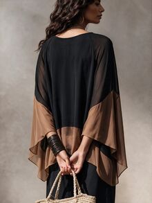 Trelyra Plus Size Women's Colorblock Chiffon Cover Up, V-Neck Loose Draped Casual Boho Flowy Bell Sleeve Lightweight Long Sleeve Top Fall Vacation Black - Multicolor - View 2