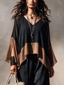 Trelyra Plus Size Women's Colorblock Chiffon Cover Up, V-Neck Loose Draped Casual Boho Flowy Bell Sleeve Lightweight Long Sleeve Top Fall Vacation Black - Multicolor - View 1
