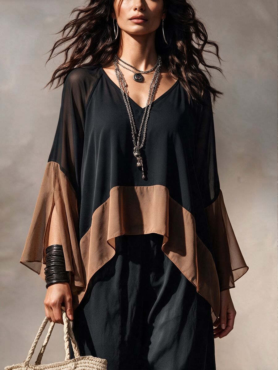 Trelyra Plus Size Women's Colorblock Chiffon Cover Up, V-Neck Loose Draped Casual Boho Flowy Bell Sleeve Lightweight Long Sleeve Top Fall Vacation Black - Multicolor - View 1