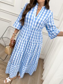 Easowa Curve Plaid Pattern V-Neck Tiered Maxi Dress Plus Size Suitable For Daily Wear Vacation White Autumn Gym Fall Vacation - Blue and White - View 5