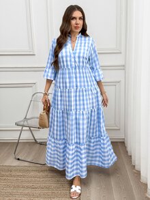 Easowa Curve Plaid Pattern V-Neck Tiered Maxi Dress Plus Size Suitable For Daily Wear Vacation White Autumn Gym Fall Vacation - Blue and White - View 4
