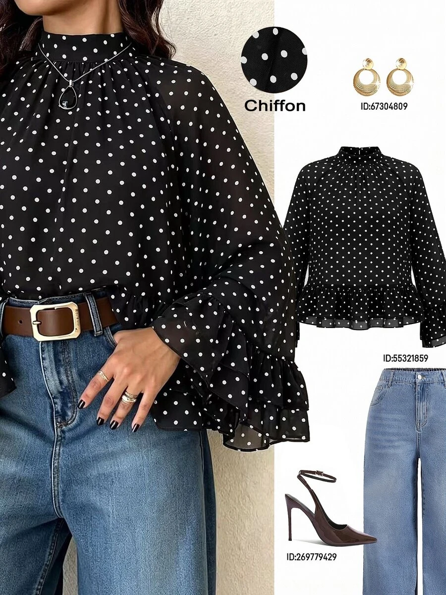 Femmeverse Women's Plus Size Long Sleeve Loose Layered Ruffle Casual Elegant Vacation Top Fall - Black - View 1