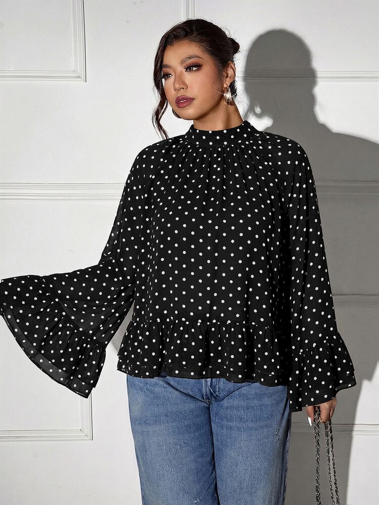 Femmeverse Women's Plus Size Long Sleeve Loose Layered Ruffle Casual Elegant Vacation Top Fall - Black - View 5