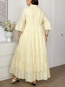 Easowa Curve 大尺碼女款鏤空刺繡V領喇叭袖優雅洋裝，柔黃色秋季波西米亞風茶會度假正式假日鄉村風 - 黃色 - 查看 4