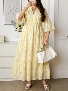 Easowa Curve 大尺碼女款鏤空刺繡V領喇叭袖優雅洋裝，柔黃色秋季波西米亞風茶會度假正式假日鄉村風 - 黃色 - 查看 6