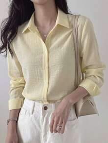 DAZY Women's Solid Color Single-Breasted Business Casual Long Sleeve Shirt Fall - Yellow - View 6