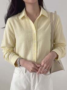 DAZY Women's Solid Color Single-Breasted Business Casual Long Sleeve Shirt Fall - Yellow - View 5