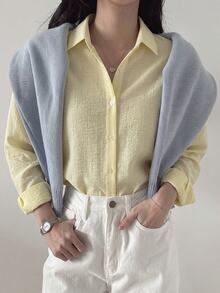 DAZY Women's Solid Color Single-Breasted Business Casual Long Sleeve Shirt Fall - Yellow - View 4