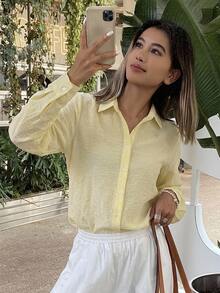 DAZY Women's Solid Color Single-Breasted Business Casual Long Sleeve Shirt Fall - Yellow - View 1