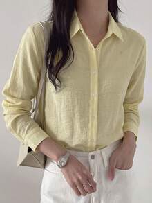 DAZY Women's Solid Color Single-Breasted Business Casual Long Sleeve Shirt Fall - Yellow - View 3