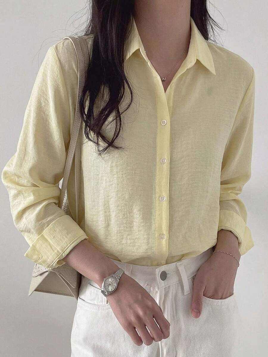 DAZY Women's Solid Color Single-Breasted Business Casual Long Sleeve Shirt Fall - Yellow - View 1