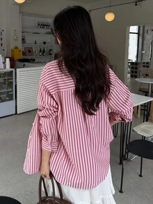 DAZY Women's Pink Striped Single-Breasted Polo Collar Long Sleeve Sweet Blouse - Pink - View 3