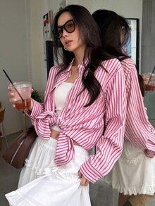 DAZY Women's Pink Striped Single-Breasted Polo Collar Long Sleeve Sweet Blouse - Pink - View 2