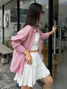 DAZY Women's Pink Striped Single-Breasted Polo Collar Long Sleeve Sweet Blouse - Pink - View 5
