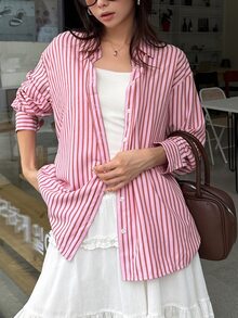 DAZY Women's Pink Striped Single-Breasted Polo Collar Long Sleeve Sweet Blouse - Pink - View 8