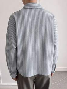 DAZY Women's Lapel Striped Loose Short Urban Casual Shirt Long Sleeve - Grey - View 3
