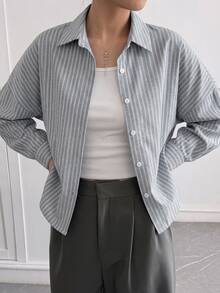 DAZY Women's Lapel Striped Loose Short Urban Casual Shirt Long Sleeve - Grey - View 5