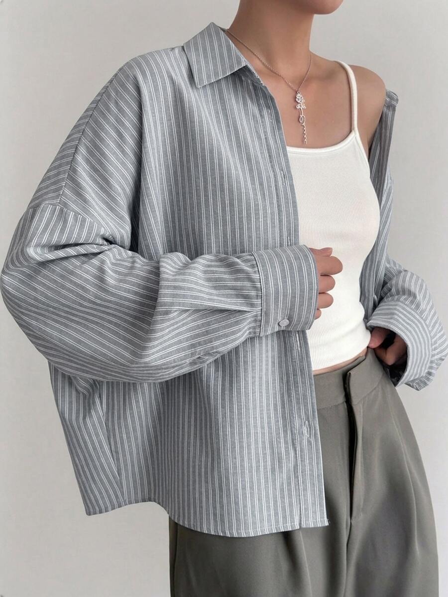 DAZY Women's Lapel Striped Loose Short Urban Casual Shirt Long Sleeve - Grey - View 1