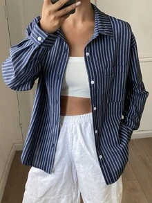 DAZY Women's Striped Patchwork Single-Breasted Casual Versatile Everyday Outing Shirt - Blue - View 4