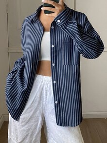 DAZY Women's Striped Patchwork Single-Breasted Casual Versatile Everyday Outing Shirt - Blue - View 3
