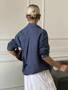 DAZY Women's Striped Patchwork Single-Breasted Casual Versatile Everyday Outing Shirt - Blue - View 2