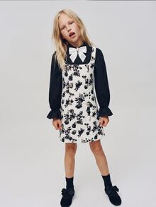 Maija Kids Maija Kids 1件大女孩優雅時尚修身拼色黑白玫瑰印花2合1收腰蝴蝶結裝飾洋裝，適合室內、日常、運動、拍照、假期、萬聖節、星期三、哥德風、秋冬 - 黑與白 - 查看 5