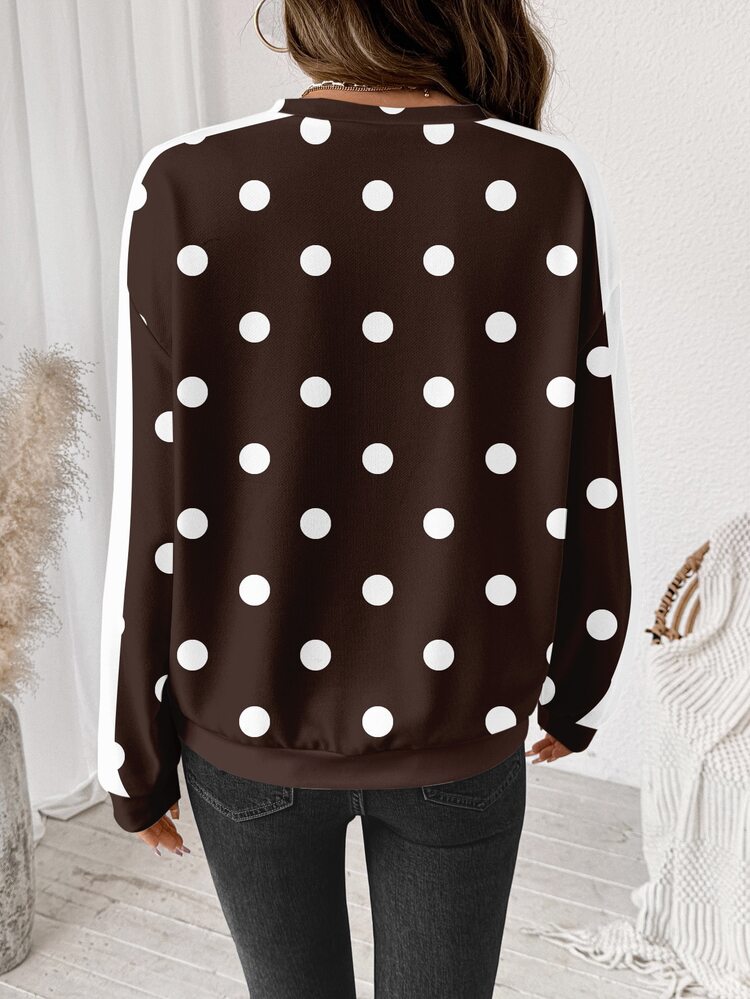 SHEIN LUNE Plus Size Women's Colorblock Striped Polka Dot Print Brown Sweatshirt, Autumn/Winter Back To School - Multicolor - View 2
