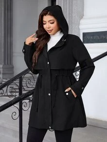 Reflora 大尺碼女款純色口袋休閒百搭日常旅行長袖夾克 - 黑色 - 查看 5
