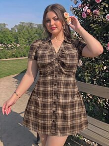 SHEIN MOD 大尺碼格紋百褶休閒日常夏季旅行洋裝 - 咖啡棕 - 查看 8