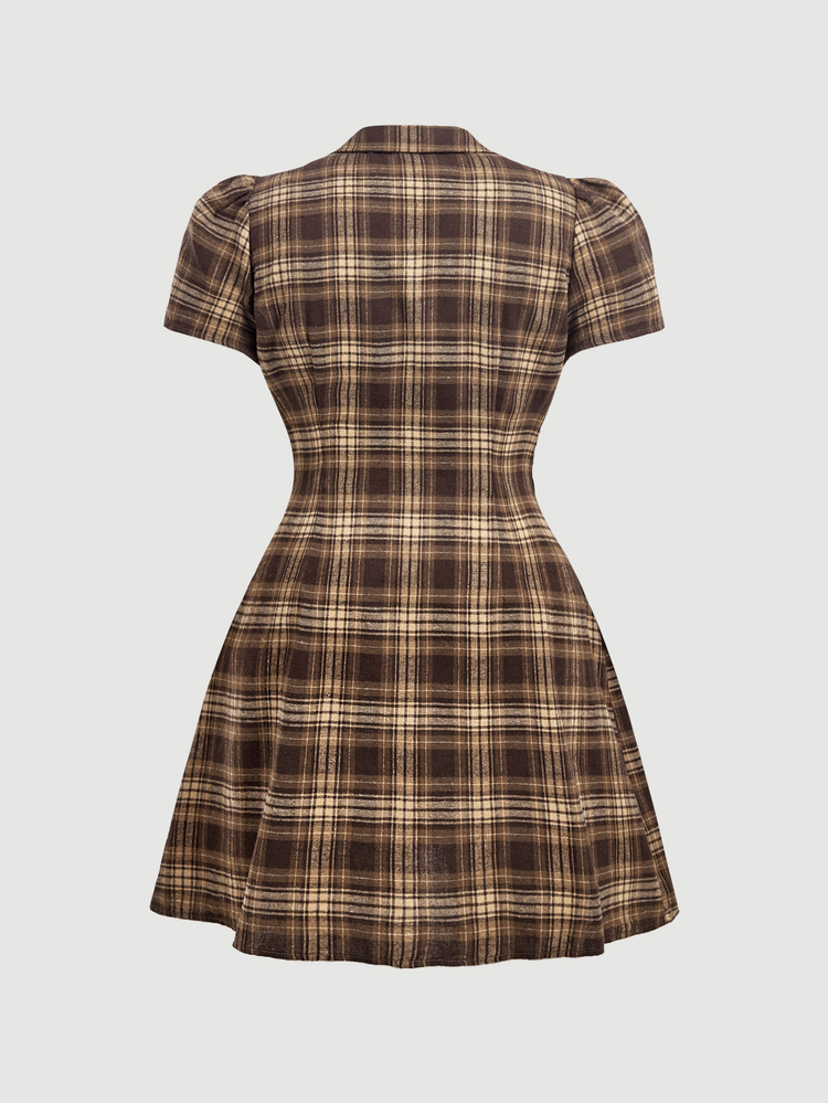 SHEIN MOD Plus-Size Vintage Brown Plaid Pleated Casual Shirt Dress For Travel & Daily Wear,Country ,Commuting, College,Brown Dress,Autumn, Winter - Coffee Brown - View 2