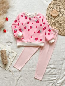 SHEIN Vintaside Kids 女童黃色漸層花卉長袖運動衫與羅紋內搭褲套裝，時尚可愛春/秋季穿搭 - 粉色 - 查看 3