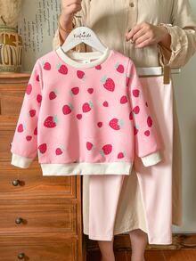 SHEIN Vintaside Kids 女童黃色漸層花卉長袖運動衫與羅紋內搭褲套裝，時尚可愛春/秋季穿搭 - 粉色 - 查看 11