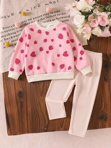 SHEIN Vintaside Kids 女童黃色漸層花卉長袖運動衫與羅紋內搭褲套裝，時尚可愛春/秋季穿搭 - 粉色 - 查看 1