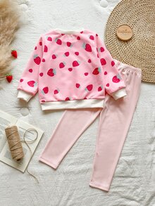 SHEIN Vintaside Kids 女童黃色漸層花卉長袖運動衫與羅紋內搭褲套裝，時尚可愛春/秋季穿搭 - 粉色 - 查看 2