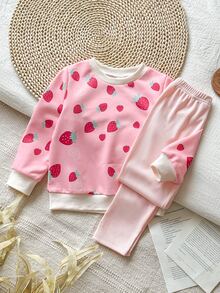 SHEIN Vintaside Kids 女童黃色漸層花卉長袖運動衫與羅紋內搭褲套裝，時尚可愛春/秋季穿搭 - 粉色 - 查看 4