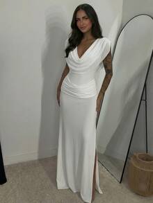 Firerie Sommer elegantes romantisches Mode Pendler sexy eleganter Stil cremiges Gelb, Party Drapierter Ausschnitt Kleid, Strandurlaub Damen, Rückkehr zur Schule Abschlusszeit Damen, romantische Dates, Geburtstage, Ostern Damen, brasilianischer Karneval, Musikfestivals, Frühling/Sommer Damen, Hochzeitssaison, Brunch Damen Tops, Boho Tops, Fairy Style Tops, elegantes Off-Shoulder Hüft-Fischschwanz-Kleid - Weiss - Übersicht 3