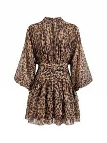Lavishia Leopard Print Lantern Sleeve Ruffle Hem Dress - Khaki - View 5